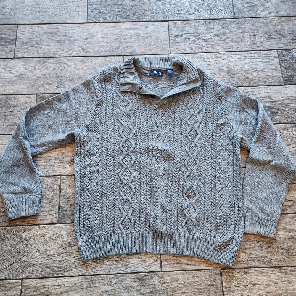 Chaps Men’s XL Grey Cable Knit Mock Neck Button Sweater - Cotton